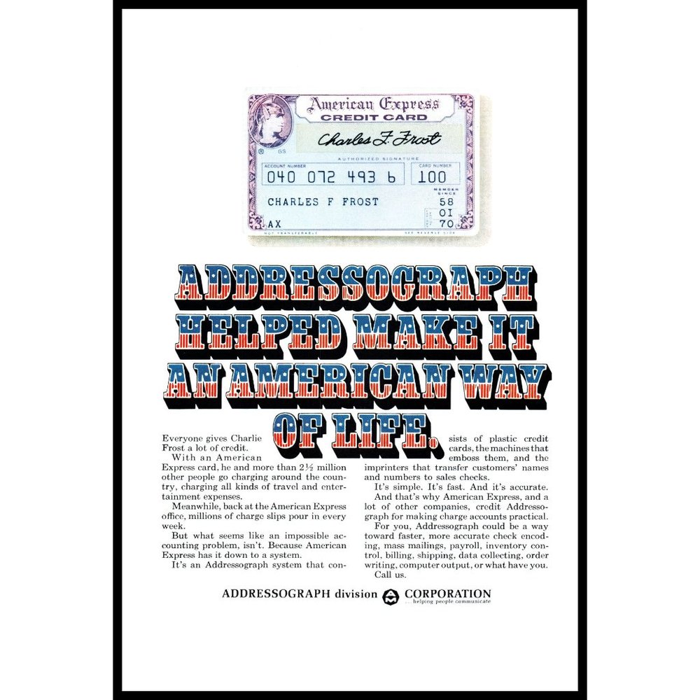 1969 Addressograph System American Express Vintage Print Ad American Way Decor